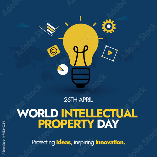World Intellectual Property day. 26th April World Intellectual property day awareness banner with light bulb and icons of gear, charts. Banner to promote the Building our common future with innovation