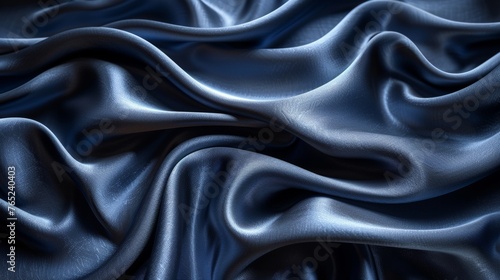 The background is black and blue abstract. There is silk satin. It is shinny fabric. Dark. Wavy soft pleats. Navy blue elegant luxury background. Liquid wave effect. Gradient.