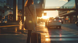 A businesswoman hailing a taxi outside the airport, suitcase by her side, on her way to a crucial client meeting, the city's hustle and bustle illuminated by the soft light of dawn