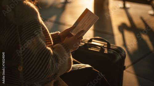 A close-up of a businesswoman's hands, holding a passport and boarding pass, with her suitcase beside her at the airport gate, waiting to board her flight to an international busin photo