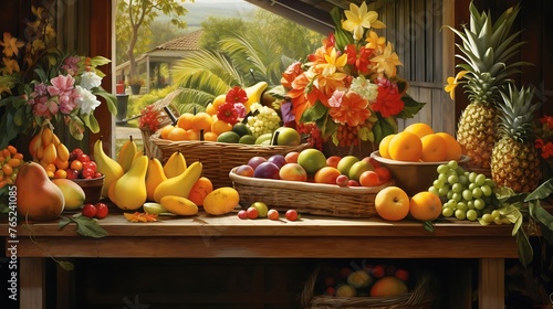 An exquisitely detailed tableau showcasing an array of succulent fruits, their vibrant hues and luscious textures inviting the viewer to indulge in their natural beauty.





