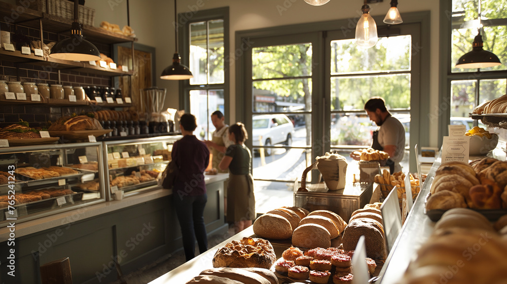 An artisan bakery, with freshly baked bread and pastries on display, patrons savoring the aromas and tastes, morning sunlight filtering through the storefront, creating a welcoming