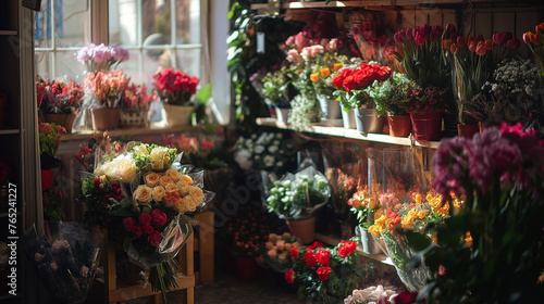A vibrant flower shop, full of colorful blooms and green plants, a florist arranging bouquets for delighted customers, the shop bathed in natural light, enhancing the beauty of the