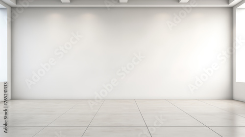 Pièce complètement blanche en intérieur, vide, avec lumière éblouissante, mur et sol. Ambiance claire, lumineuse. Arrière-plan pour conception et création graphique. © FlyStun