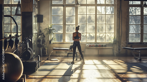 A fitness studio owner standing confidently in their well-equipped gym, the morning light streaming in through large windows, highlighting the space for personal growth, natural li