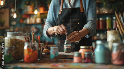 A craft store owner demonstrating a DIY project at a workshop table, the shop filled with crafting supplies and the creative spirit, enhanced by gentle sunlight, natural light, sof