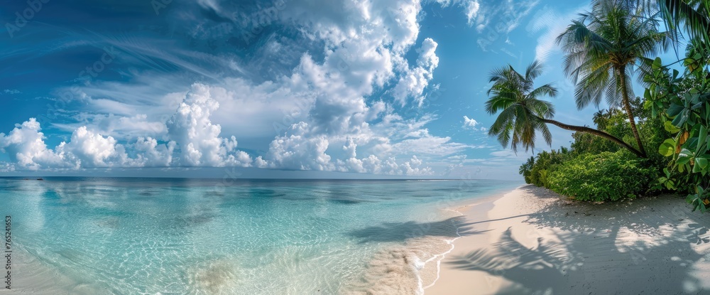 Panoramic Tropical Paradise: Crystal Clear Waters and Lush Palm Trees
