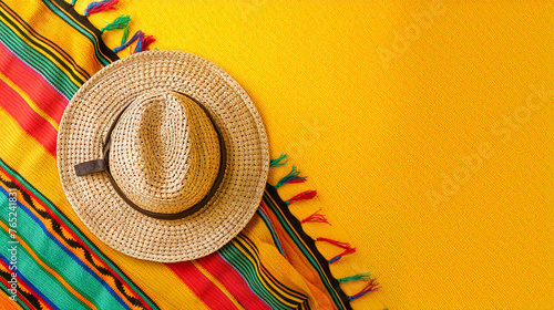 Cinco De Mayo Celebration  Brightly Colored Mexican Serape Blanket  Traditional Sombrero on Vibrant Yellow Background  Iconic Mexican Symbols - Copy Space Text Space 