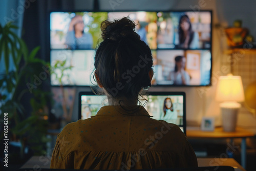 Back view of female employee talk speak on team video