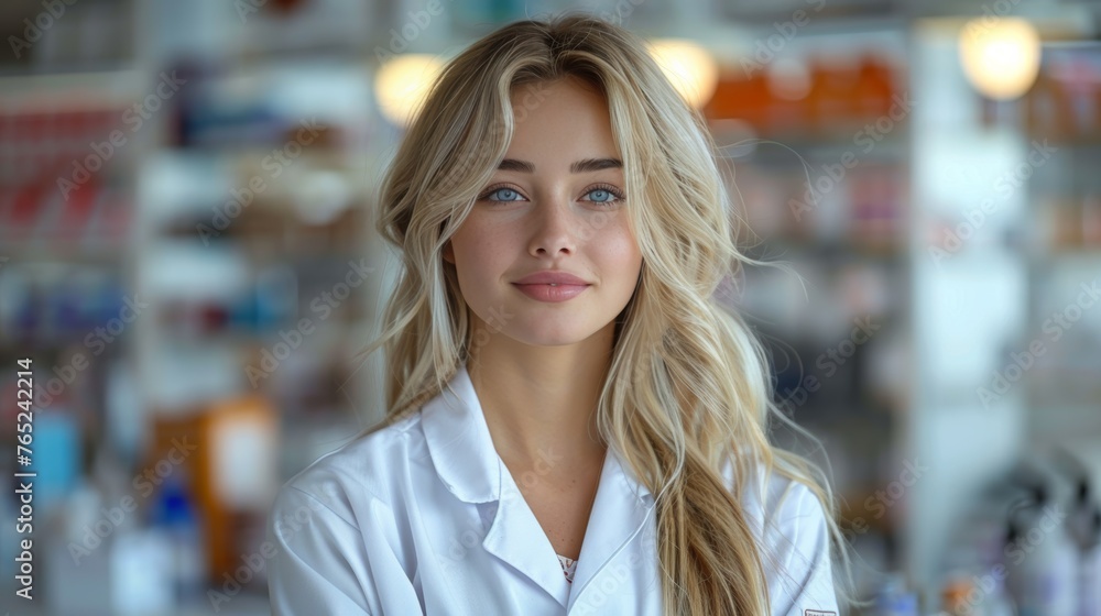Professional pharmacist offering assistance in a well-lit pharmacy Professional pharmacist offering assistance in a well-lit pharmacy