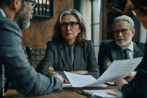 Businessmen sitting at desk headed by middle aged serious concentrated female in eyeglasses checking agreement document before signing it Financial director ready affirm official paper with signature photo