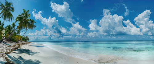 Tropical Serenity: Panoramic View of Pristine Beach with Palm Trees 