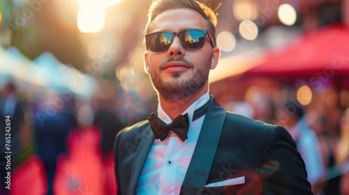 elegant man in a suit on a red carpet surrounded by photographers and lights in high resolution and high quality. concept red carpet, catwalk, elegant