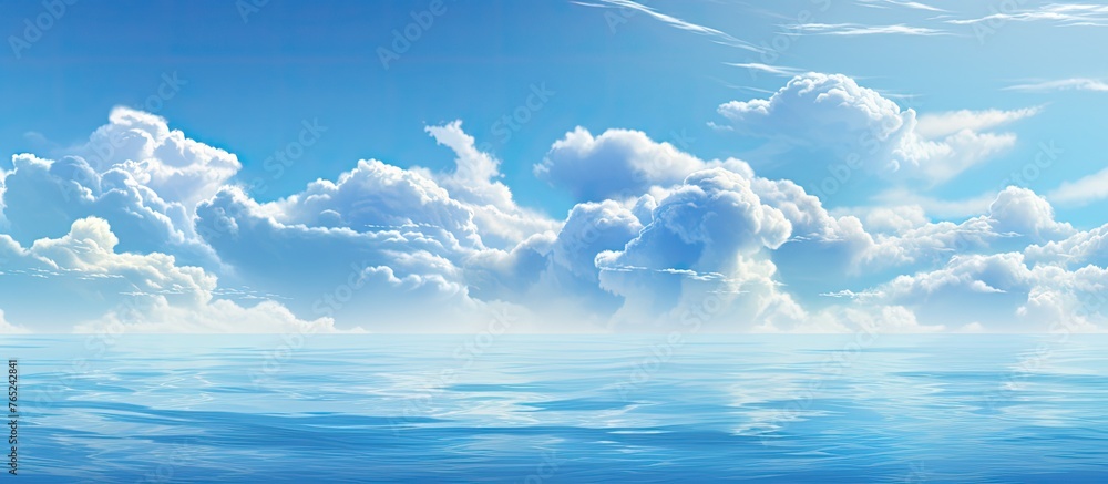 A scenic view of the sea under a sunny sky with fluffy clouds and sun shining brightly