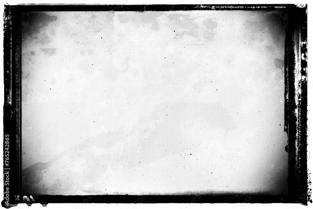 Vintage photo film frame of a middle format old camera wet plate photo technique with vignetting, dust, scratches, noise and splatters on transparent background.  - obrazy, fototapety, plakaty 