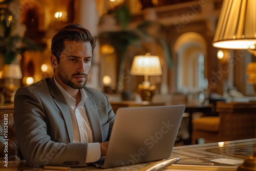 Focused businessman working on laptop in opulent hotel lobby, concept of professional, travel, and mobile office