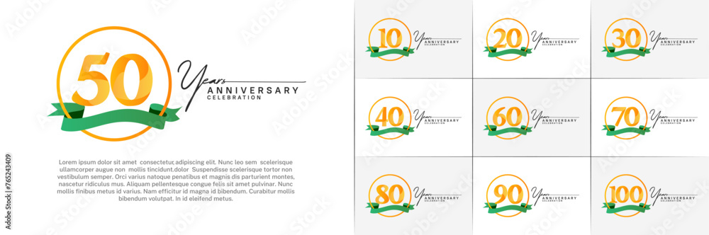 Set of Anniversary Logotype orange color with ring and green ribbon can be use for special day celebration
