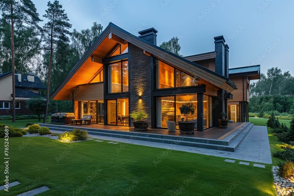 Luxurious modern wooden house illuminated at twilight, showcasing exterior design and landscaping, Concept of architecture and comfortable living