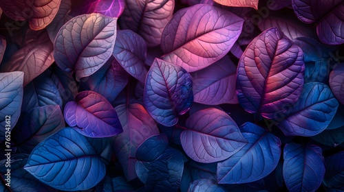 Colorful leaves background, neon blue and pink abstract leaves photo