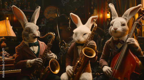 Rabbits dressed in vintage attire, playing jazz instruments in an elegant setting.