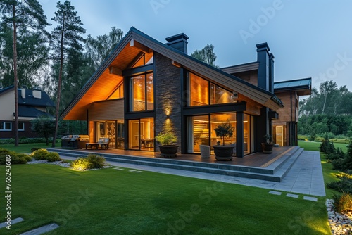 Luxurious modern wooden house illuminated at twilight, showcasing exterior design and landscaping, Concept of architecture and comfortable living