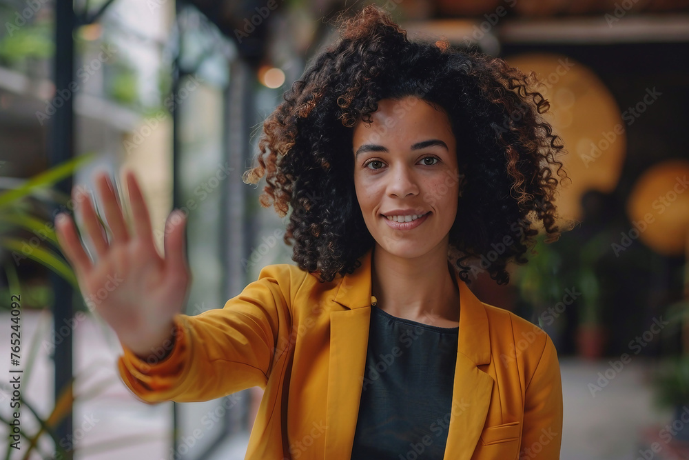 Mixed race woman sales manager stretch out hand greeting client Mixed race woman sales manager stretch out hand greeting client