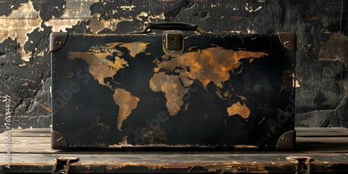 Vintage world map sticker on a black leather suitcase evoking nostalgia and wanderlust for travel enthusiasts. Concept Travel, Vintage, Wanderlust, Suitcase, Nostalgia