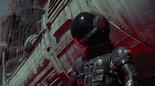 a retro-futuristic robot in a sleek space suit standing before a spaceship, invoking the style of a 1960s Italian sci-fi film.