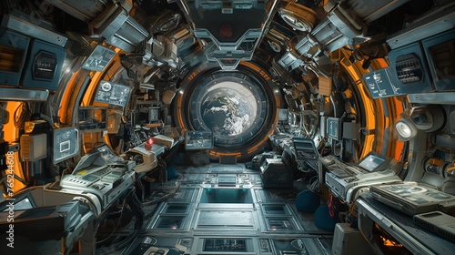 View of Earth from a cluttered space station corridor, Concept of space travel and advanced astronomical research