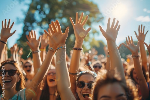 Party. group of happy young people crowd hands up in the air at outdoor music festival concert, party and event festival concept