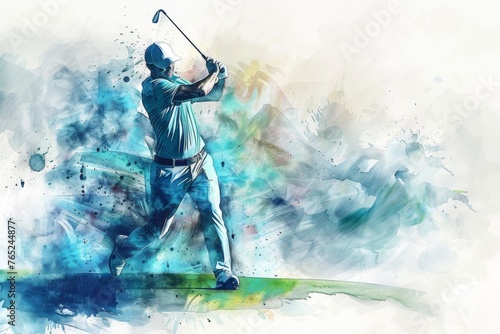 A dynamic watercolor painting of a golfer in action with a golf club. International Day of Sport for Development and Peace.