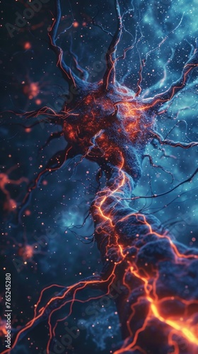 A neuron is shown with a bright orange glow. Generative AI.