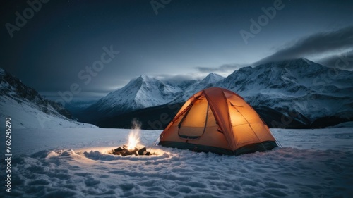 A tent is lit up in the snow next to a campfire. Generative AI. © serg3d