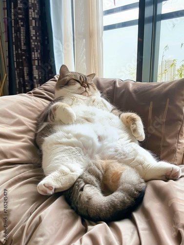 A fat cat laying on a bed with its legs spread out. Generative AI. photo