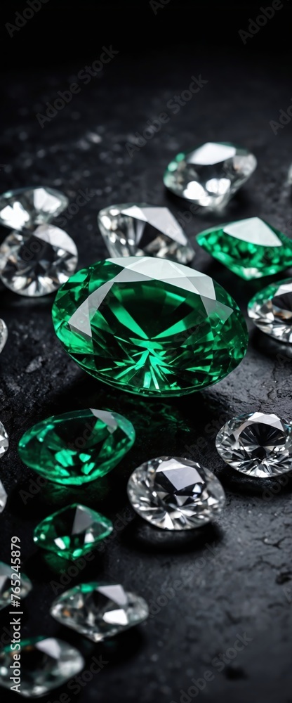 Diamonds and Emeralds on rough black stone. Generative AI. Diamonds and Emeralds on rough black stone. Generative AI.