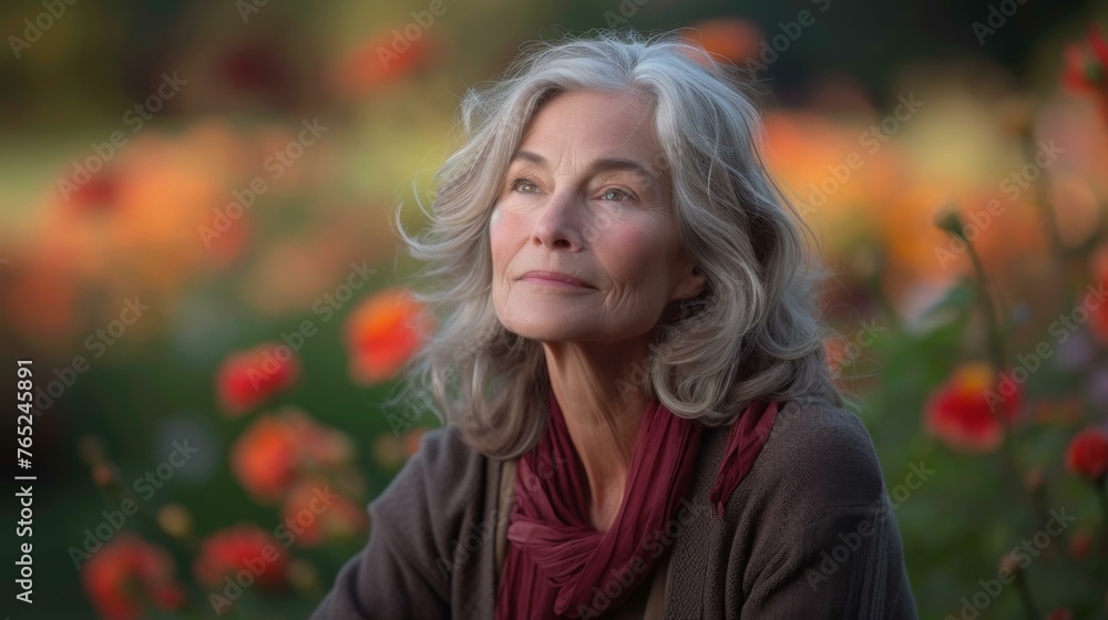 A woman with gray hair sitting in a field of flowers. Generative AI. A woman with gray hair sitting in a field of flowers. Generative AI.
