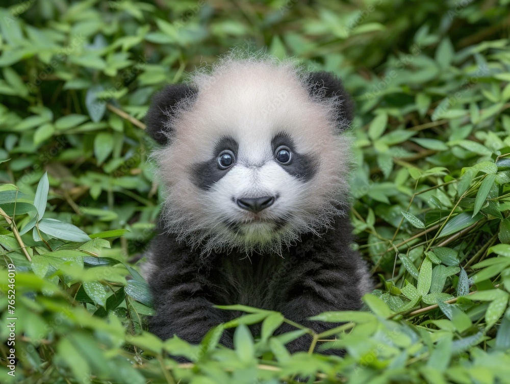 Fototapeta premium A panda bear sitting in a field of green leaves. Generative AI.