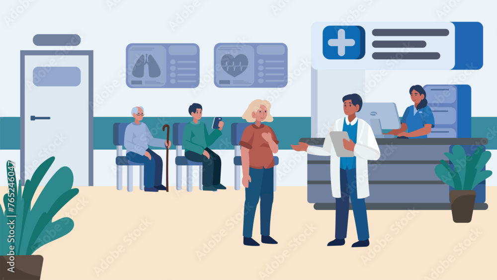 Cartoon style vector illustration of hospital waiting hall. People sitting in chairs and waiting for doctor's appointment. Hospital, health care concepts. Cartoon style vector illustration of hospital waiting hall. People sitting in chairs and waiting for doctor's appointment. Hospital, health care concepts.