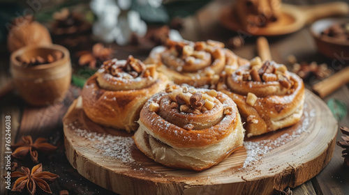 Side view of cinnamon buns with with icing sugar, dark background, close up