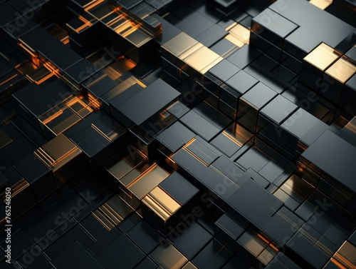 A black and gold background with a lot of cubes. Generative AI.