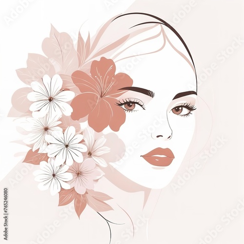 Abstract female face in one line. Woman face with flowers Surreal Line art female floral girl. Minimalism Abstract modern Continuous single line woman face portrait 