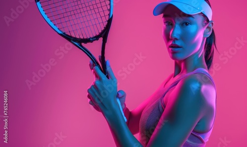 Professional female tennis player, pink background © piai