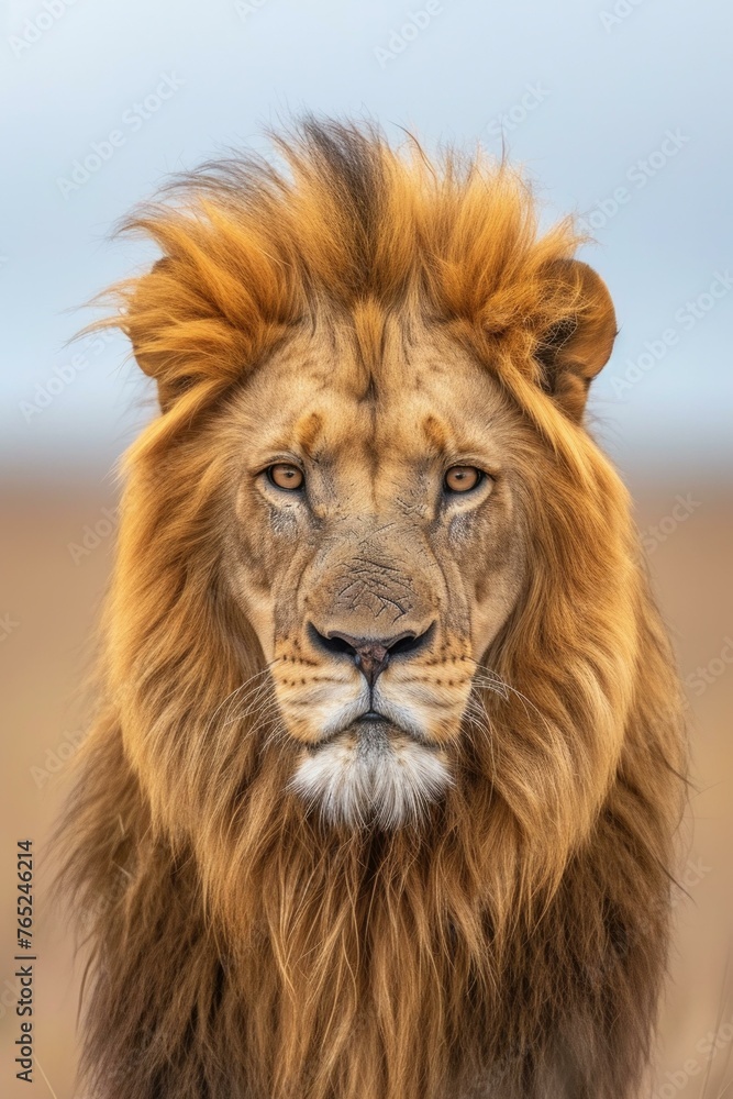 A close up of a lion looking straight ahead in the wild. Generative AI.