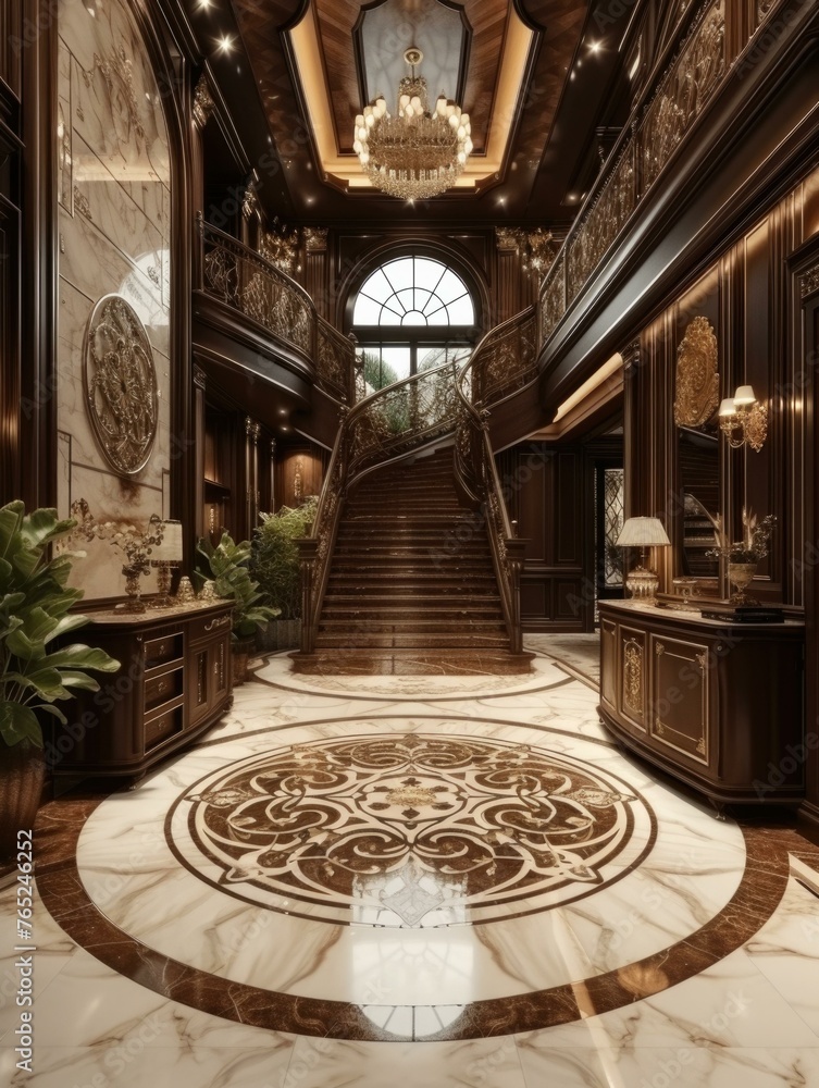 A fancy looking foyer with marble floors and a chandelier. Generative AI.