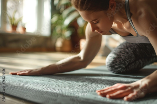 Young woman practicing yoga doing Push ups or press ups exercise phalankasana Plank pose working out wearing sportswear grey pants indoor home interior living room floor Close-up of hands