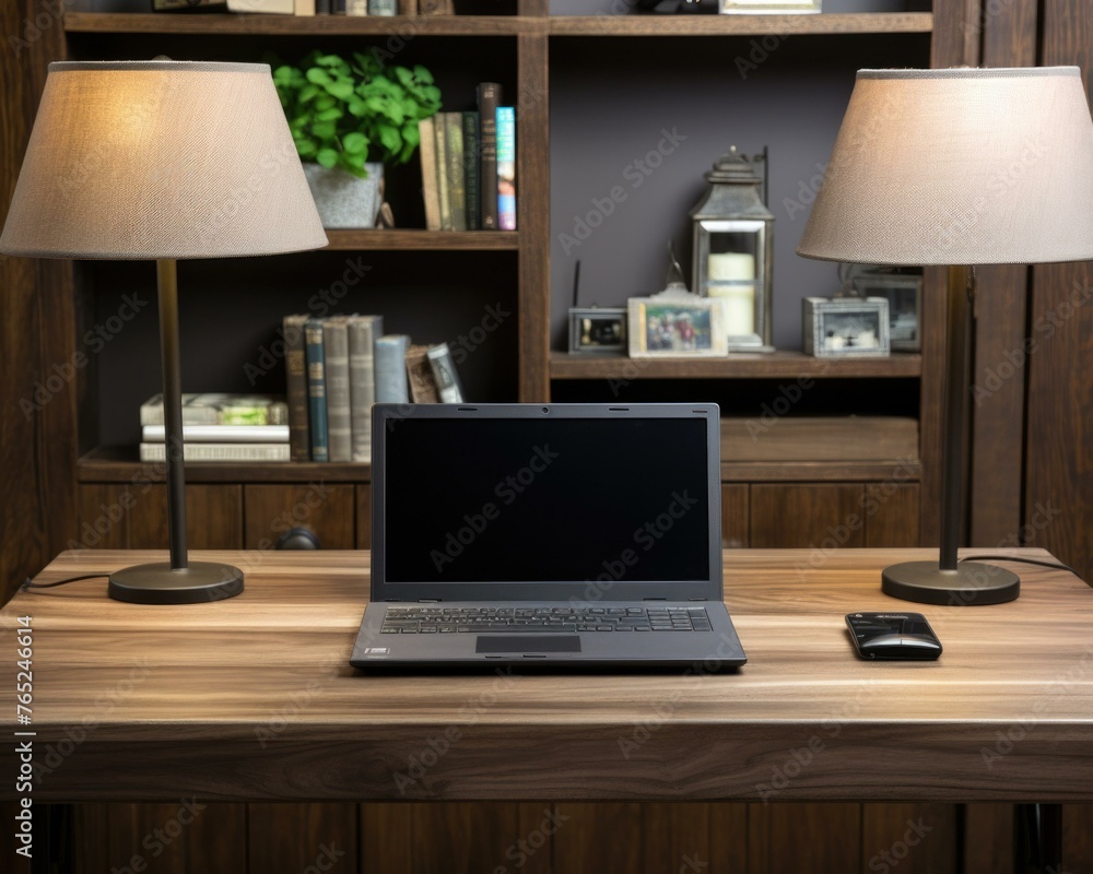 A laptop computer sitting on a wooden desk with two lamps. Generative AI. A laptop computer sitting on a wooden desk with two lamps. Generative AI.