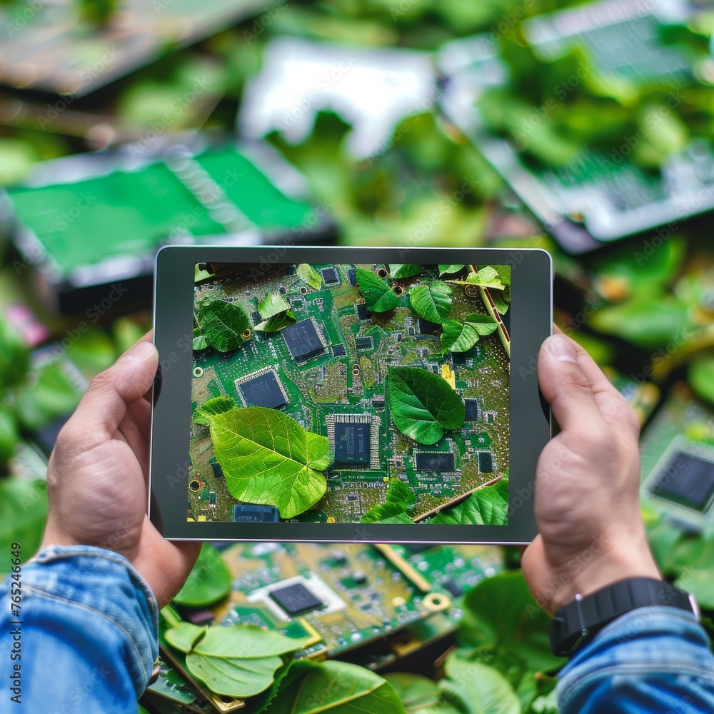 A person holds a tablet displaying a circuit board intertwined with fresh green leaves, suggesting a digital-nature interface A person holds a tablet displaying a circuit board intertwined with fresh green leaves, suggesting a digital-nature interface