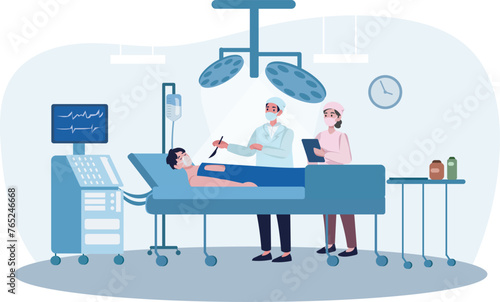 Surgeon and nurse perform an operation to the patient lying on the bed in surgery room in a hospital. Patient under Anesthesia on the operating table.