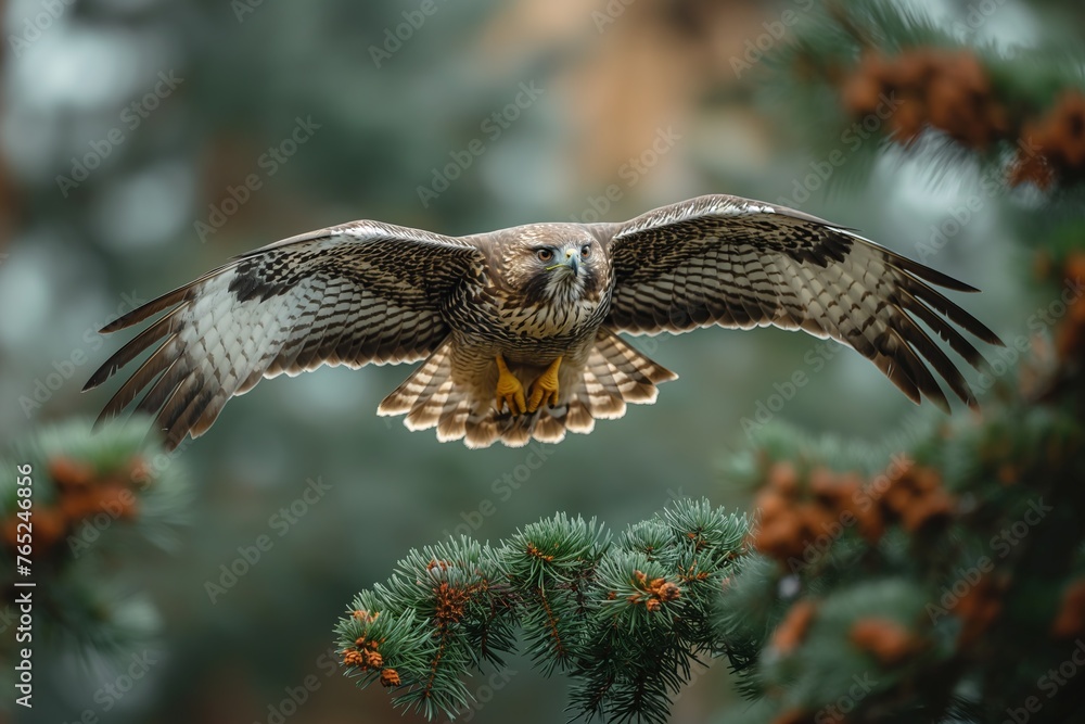 Fototapeta premium Autumn portrait of a strong bird near the floor. Common buzzard Buteo