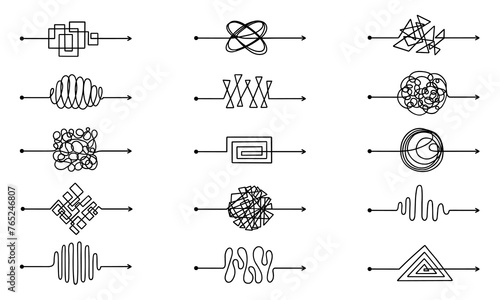 Messy arrow lines doodle set. Tangled scribble path, chaos mindset, different ways to solve problem, from simple to complex in sketch style. Hand drawn vector illustration isolated on white background
